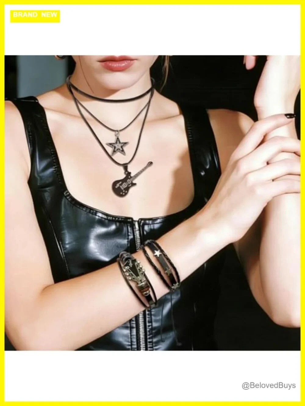 3 Pc Faux Leather Guitar Star Charm Necklace Bracelet Set Y2K Punk